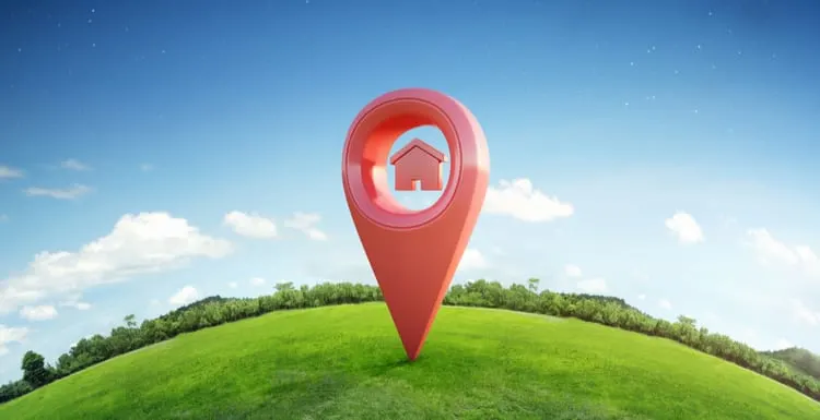 House symbol with location pin icon on earth and green grass in real estate sale or property investment concept, Buying new home for family - 3d illustration of big advertising sign for a piece on how to buy land