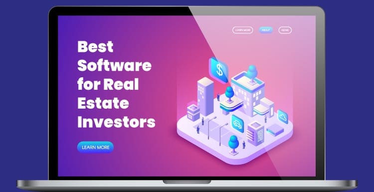 Featured image titled Best Software for Real Estate Investors and that shows a generic rei platform on a mac screen against pink and purple background
