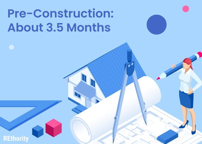 The words Pre-Construction: About 3.5 Months and a woman in business attire standing with a giant pencil in her hand and standing over blueprints and a small house