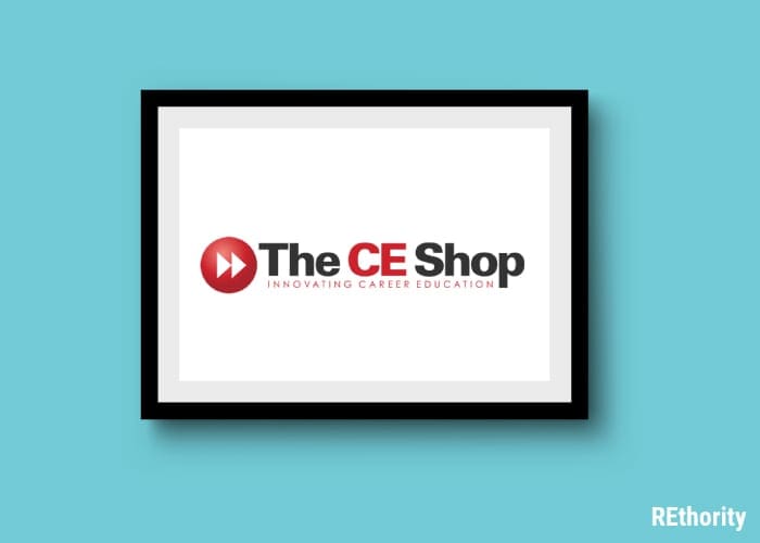 The CE Shop logo displayed on a mobile tablet with a graphical green background
