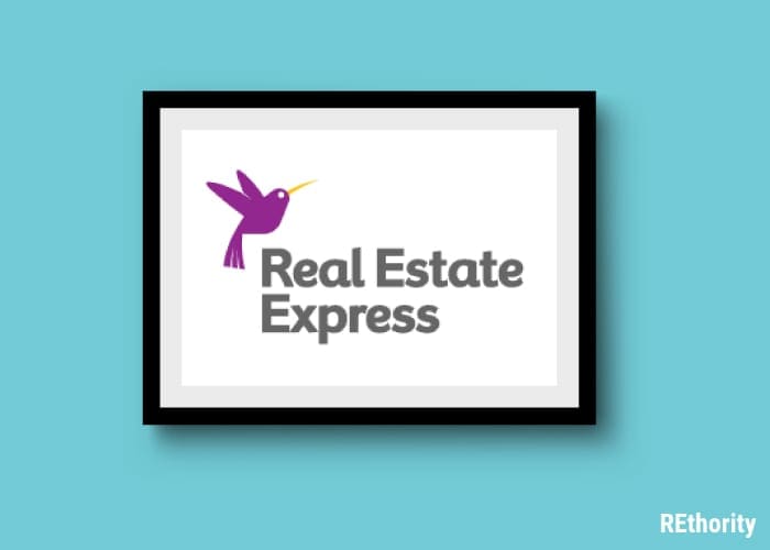 The Real Estate Express logo displayed on a mobile tablet with a graphical green background
