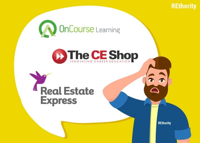 A man holding his head in frustration thinking about a thought bubble of our top picks for the best online real estate schools available illustrated against a yellow background