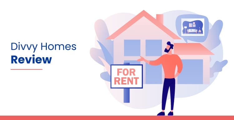 Divvy Homes Review graphic featuring a guy standing in front of a for rent sign