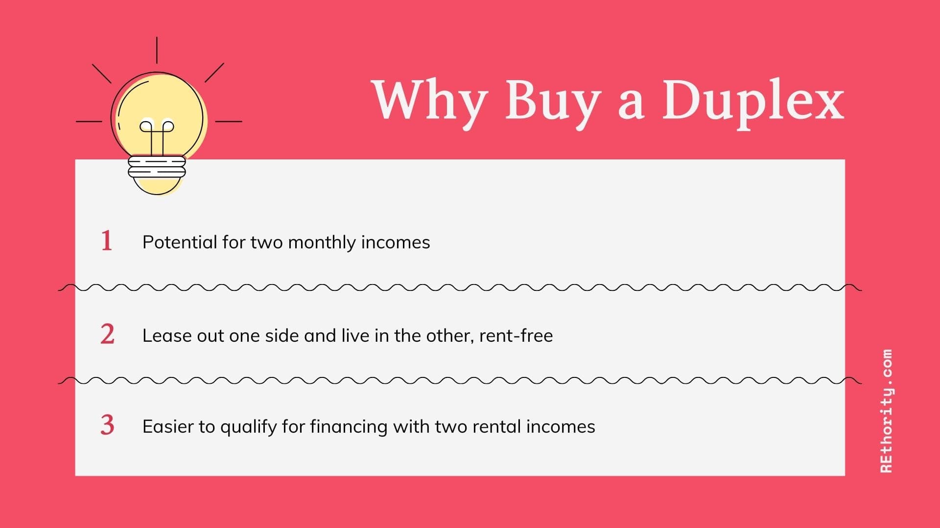Benefits of buying a duplex including potential for two incomes from one property, intro to investing, and easier to qualify for financing with to incomes