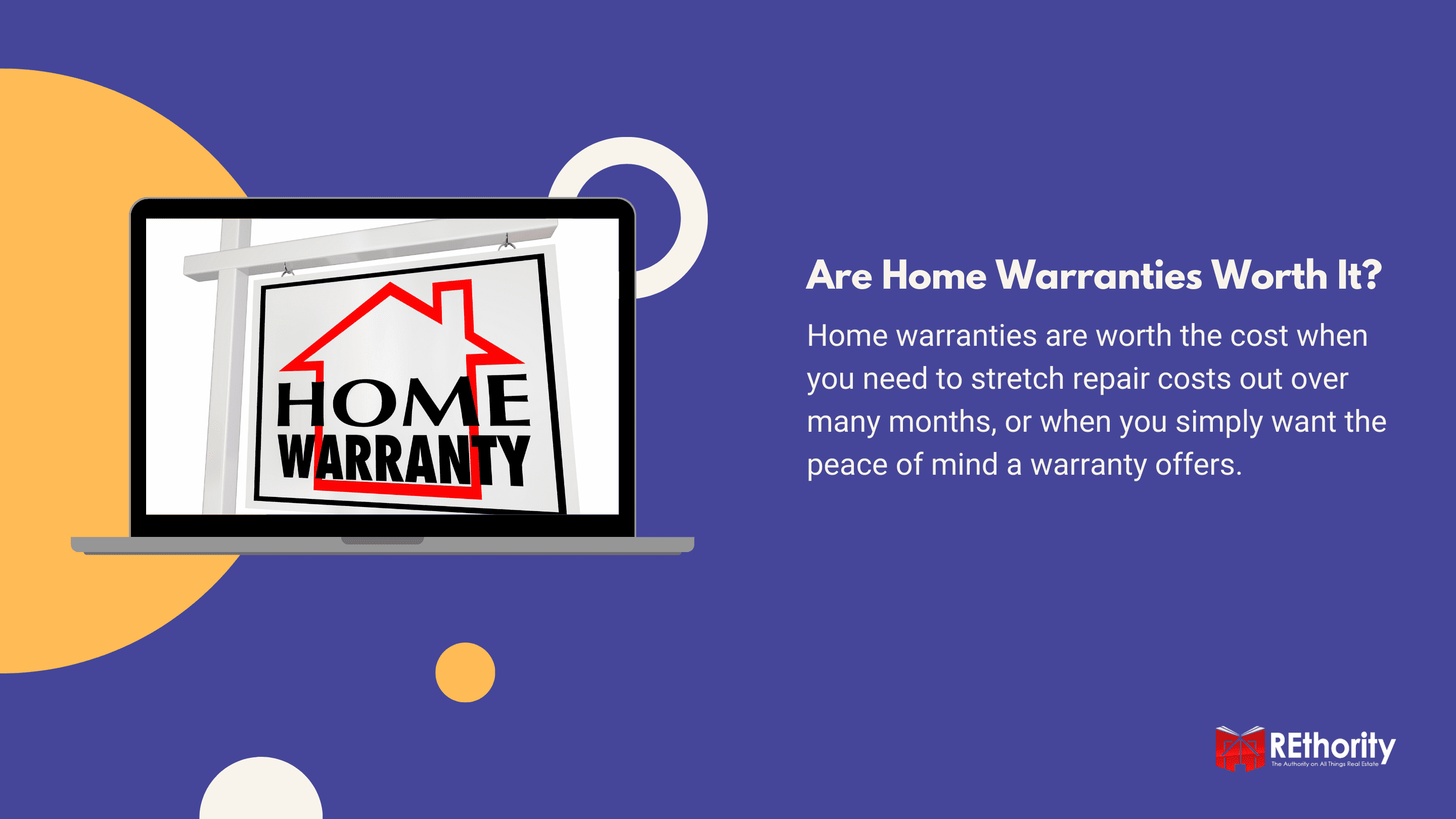 Are Home Warranties Worth It graphic against blue background featuring a laptop and with a home warranty graphic displayed on the screen