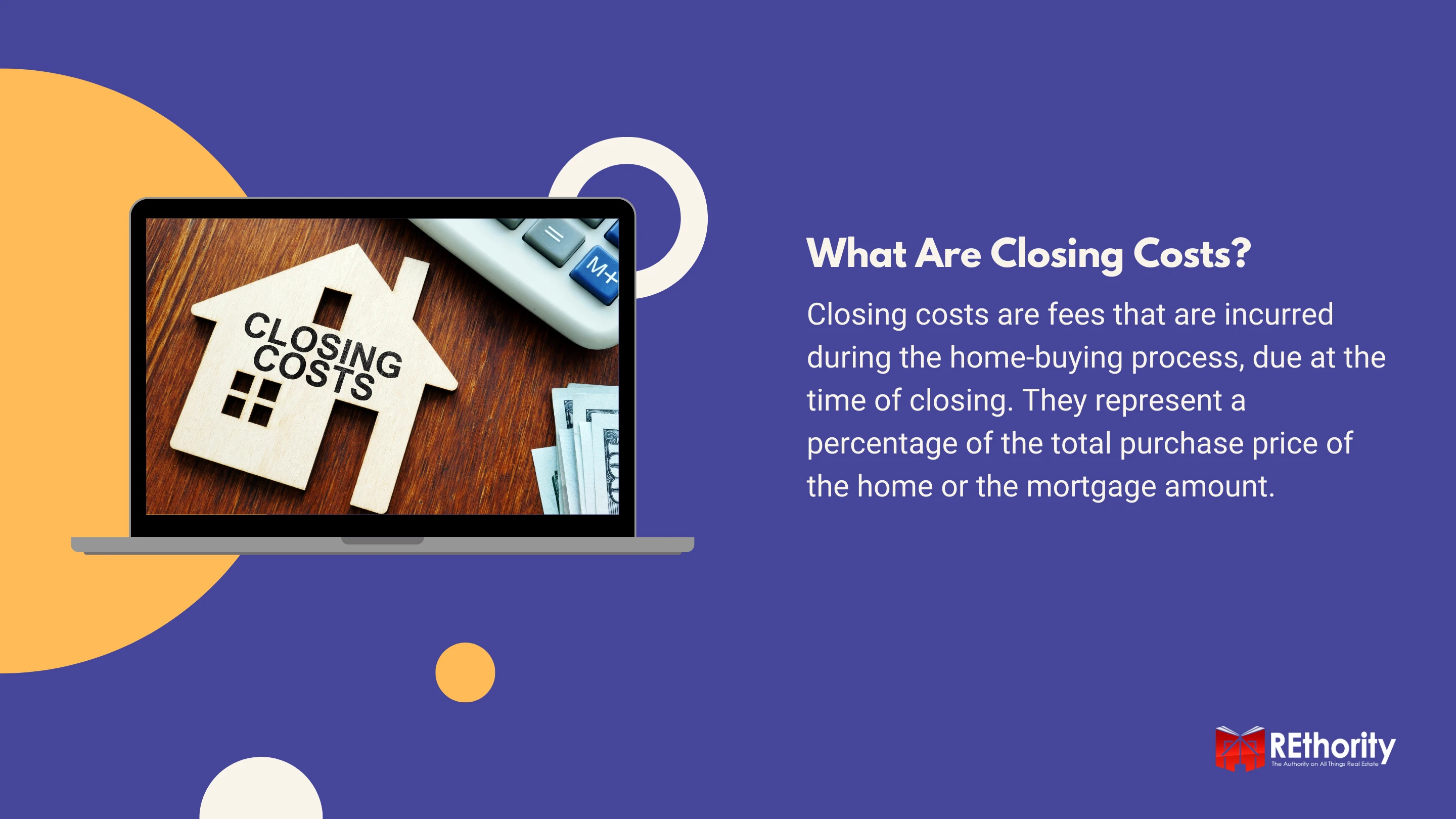 What Are Closing Costs graphic against blue background with a picture of a home with the words closing costs written on it displayed on a laptop
