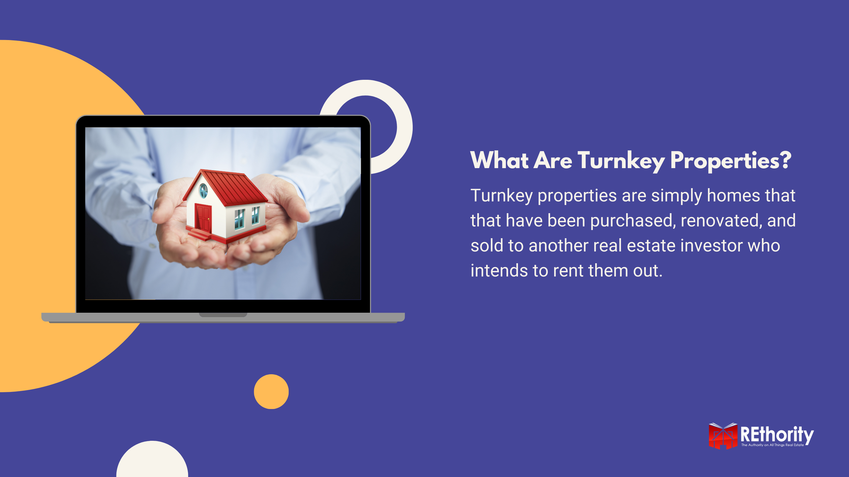 What Are Turnkey Properties graphic featuring a laptop with a house model and hands holding it against a blue background