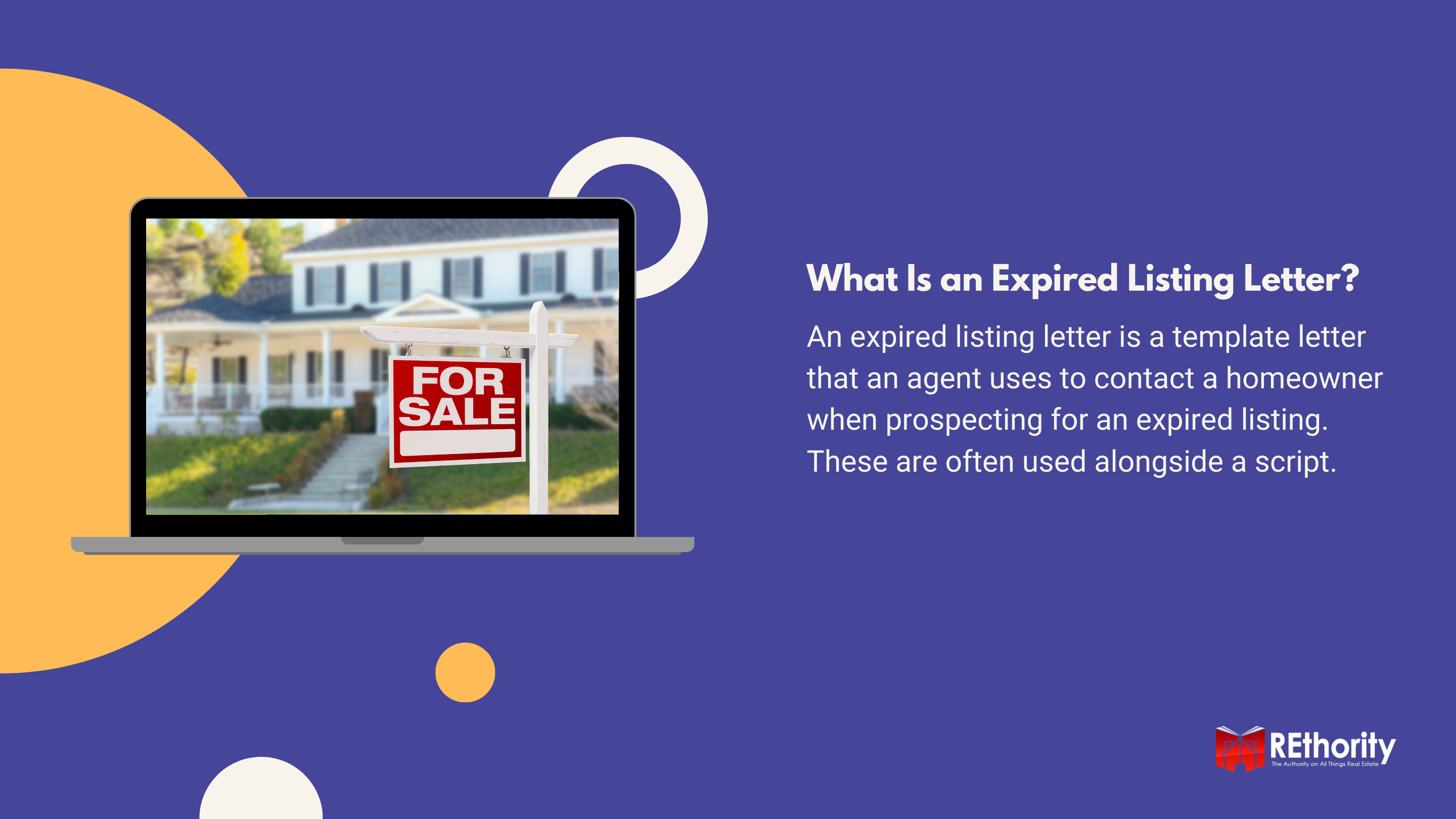 What Is an Expired Listing Letter graphic against blue background and a photo of a home for sale displayed on a laptop
