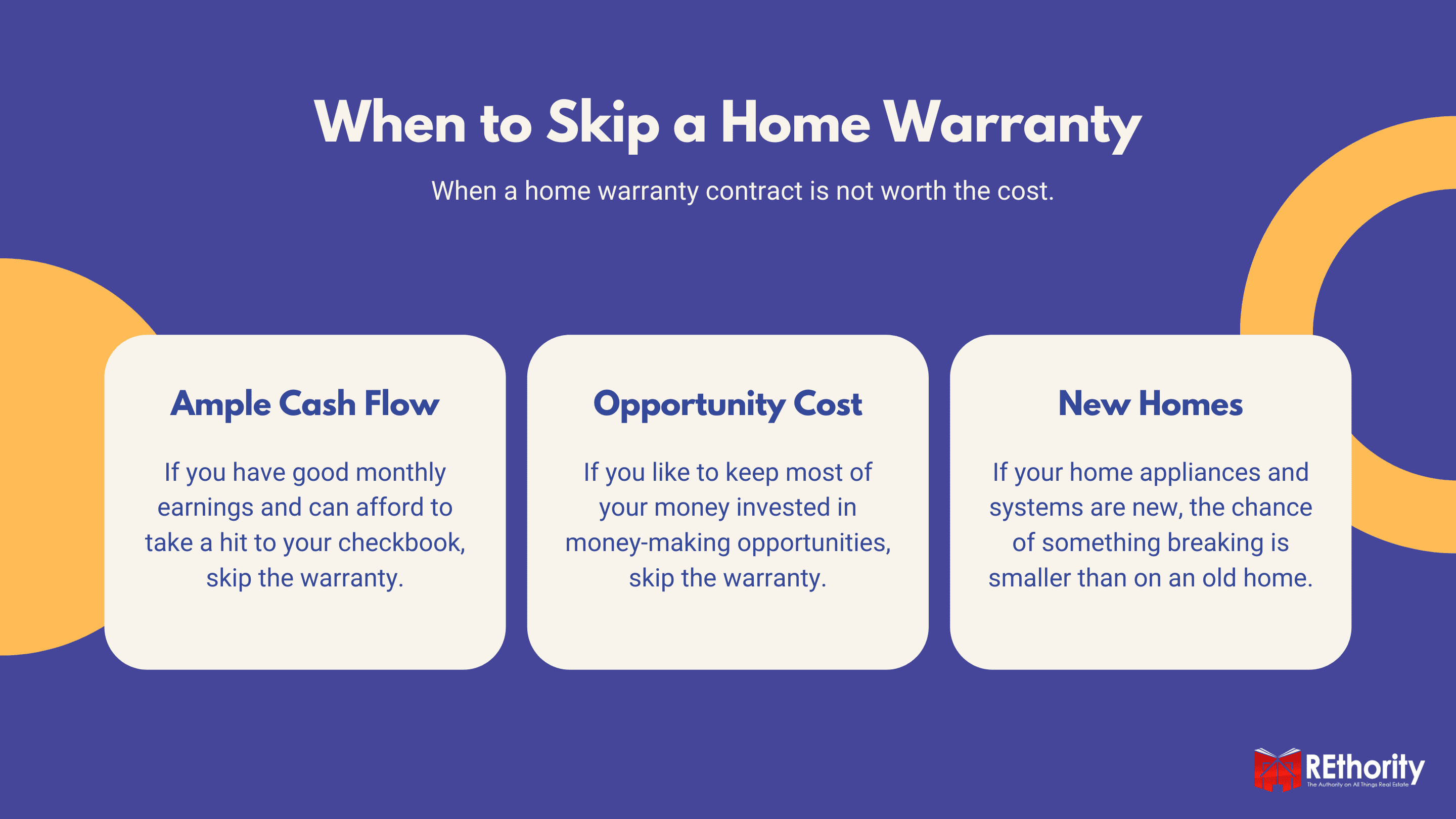 As a featured image for a piece on is a home warranty worth it, this is a graphic with three tan boxes against a blue background highlighting when a home warranty is not worth it
