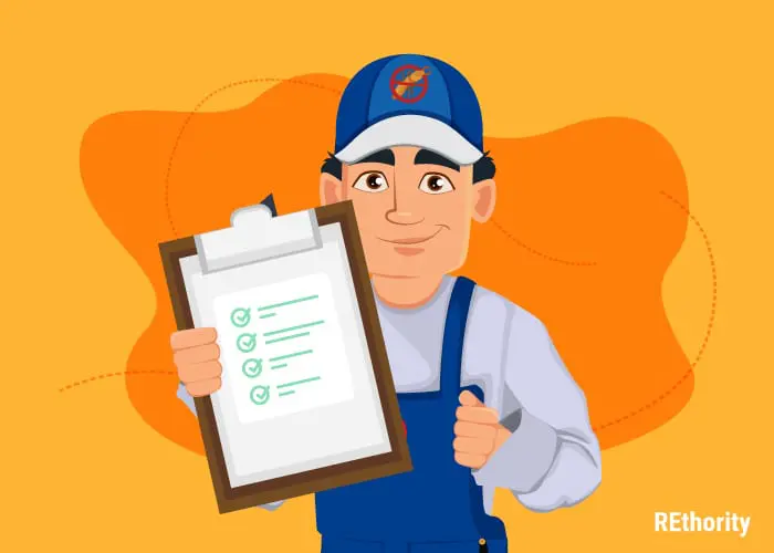 Vector image of a pest control technician holding a clipboard and looking directly at the camera against an orange background