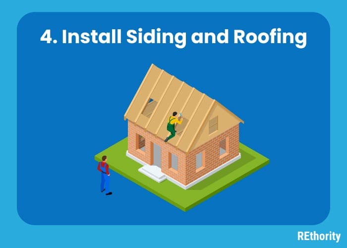 An image titled Install Siding and Roofing and shows a guy working on the roof while another person supervises