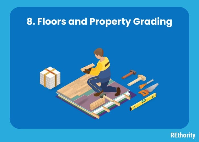 The 8th step in how to build a house shows a person installing floors and doing property grading
