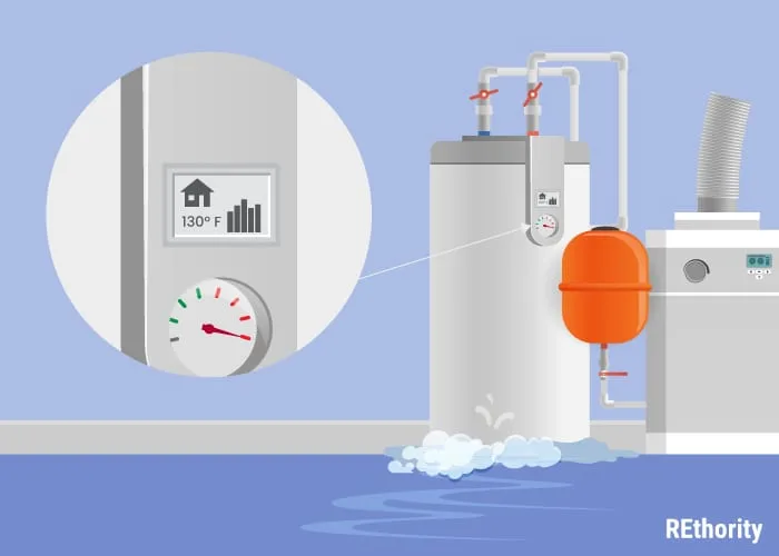 Zoomed-in graphic showing a water heater thermostat set too high