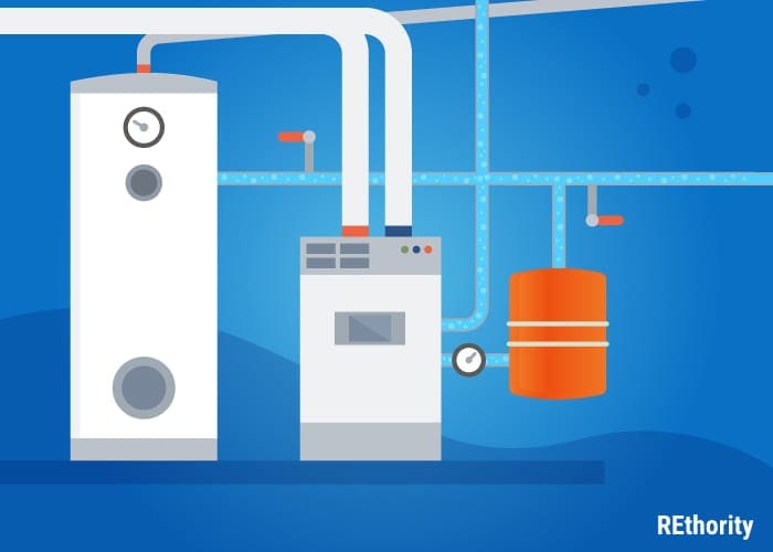 A graphic version of an expansion tank alongside an illustrated hot water heater and furnace