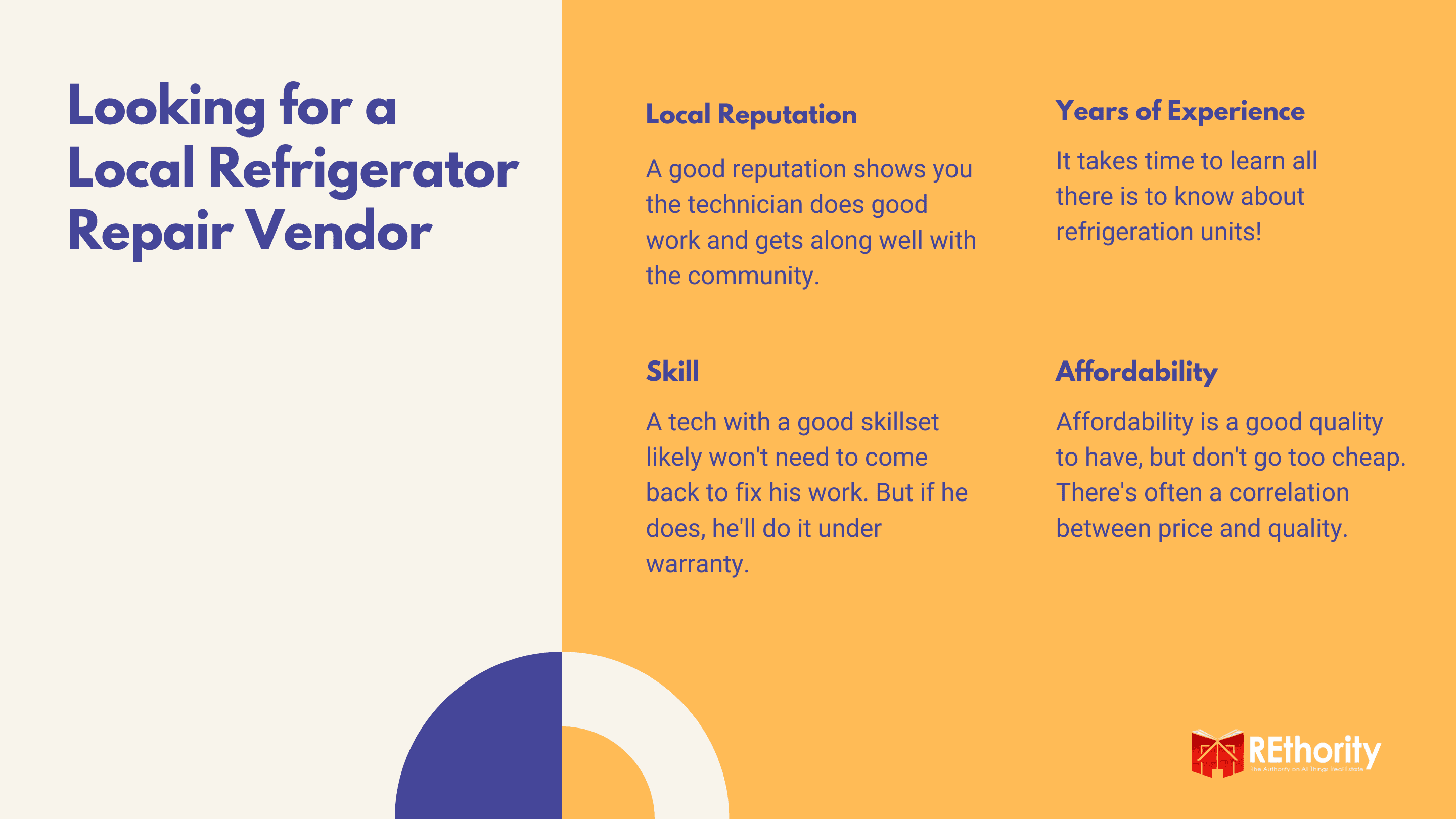 Looking for a Local Refrigerator Repair Vendor graphic explaining common traits that are good to have