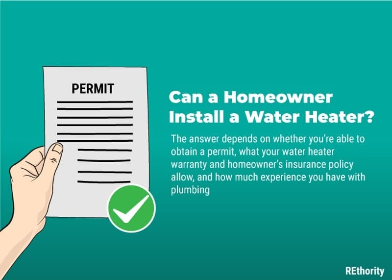 A hand holding a permit and the words can a homeowner install a water heater with the answer below