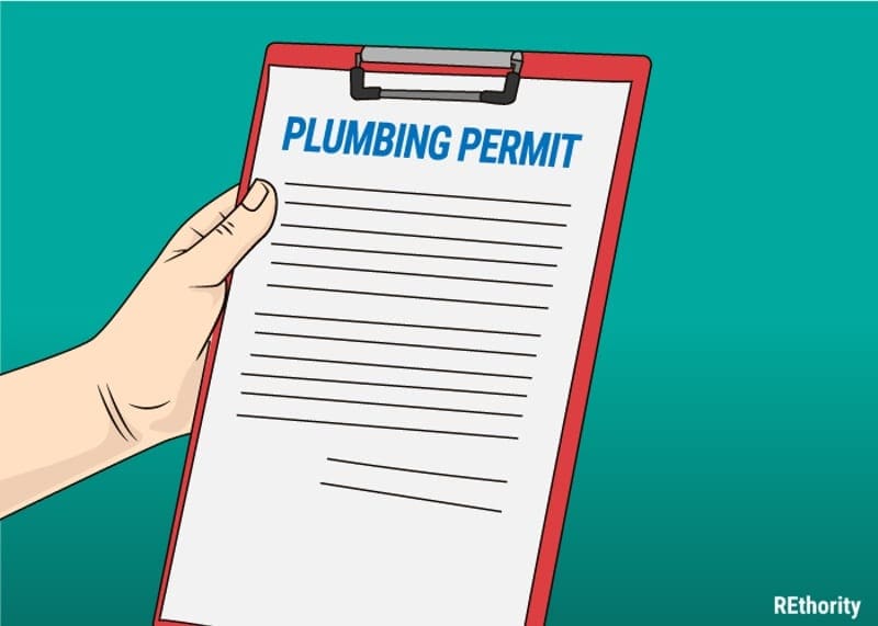 A plumbing permit on a clipboard held by an illustrated hand