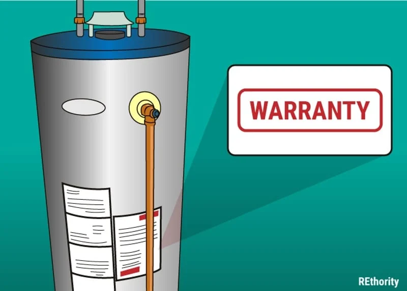 A water heater drawn against a green background next to a popup that says warranty