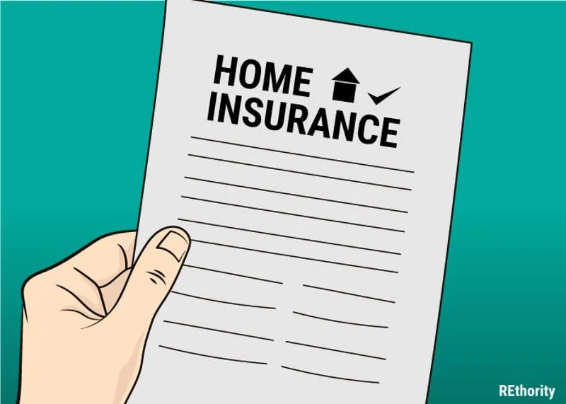 An illustrated hand holding a piece of paper that says home insurance with lines instead of words for the content as an image for a piece on can a homeowner install a water heater