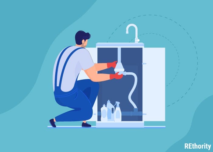 A graphic image of a man in overalls squatting in front of a sink and checking pipes