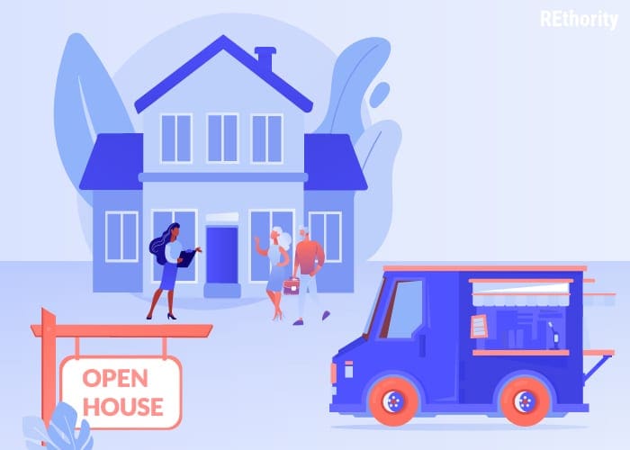A home with an open house sign with a food truck outside in blue graphic style