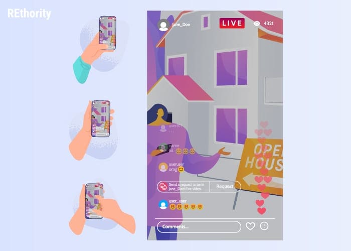 Graphical style image of a real estate agent conducting an open house using a social media platform
