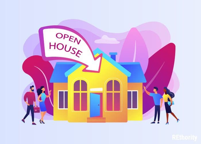 Home graphic showing a house with an open house sign pointing to the middle of the house with people standing alongside it for an image for a piece on open house styles