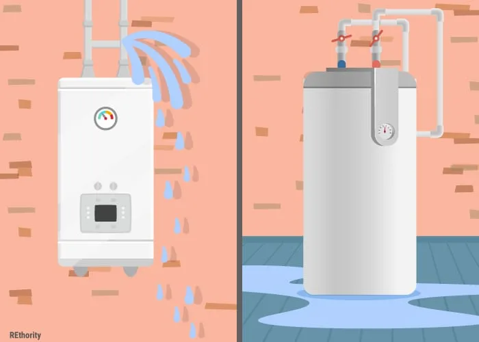 Graphic to illustrate a water heater leaking from the top vs from the bottom