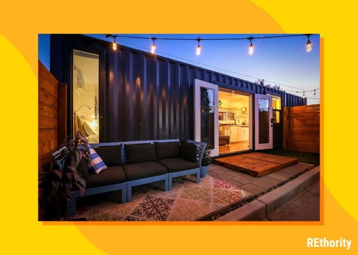 A container home from Alternative Living Spaces shown inside an orange frame made up of simple graphics