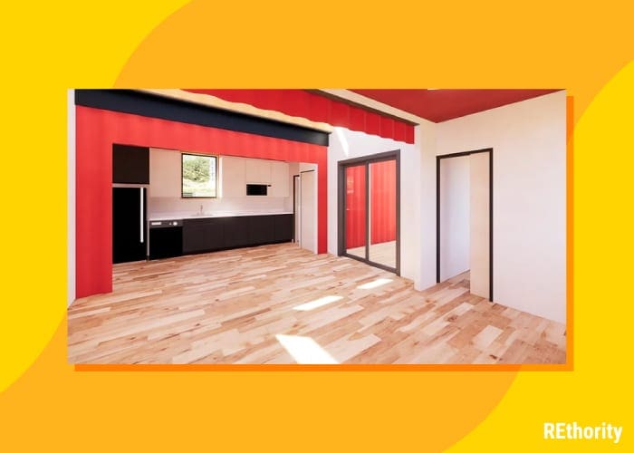 A Rhino Cubed home featuring a red interior with modern white colors inside a graphical frame