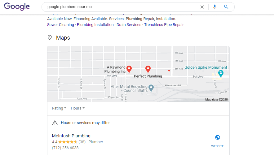 Plumbers near me search in the Google search engine