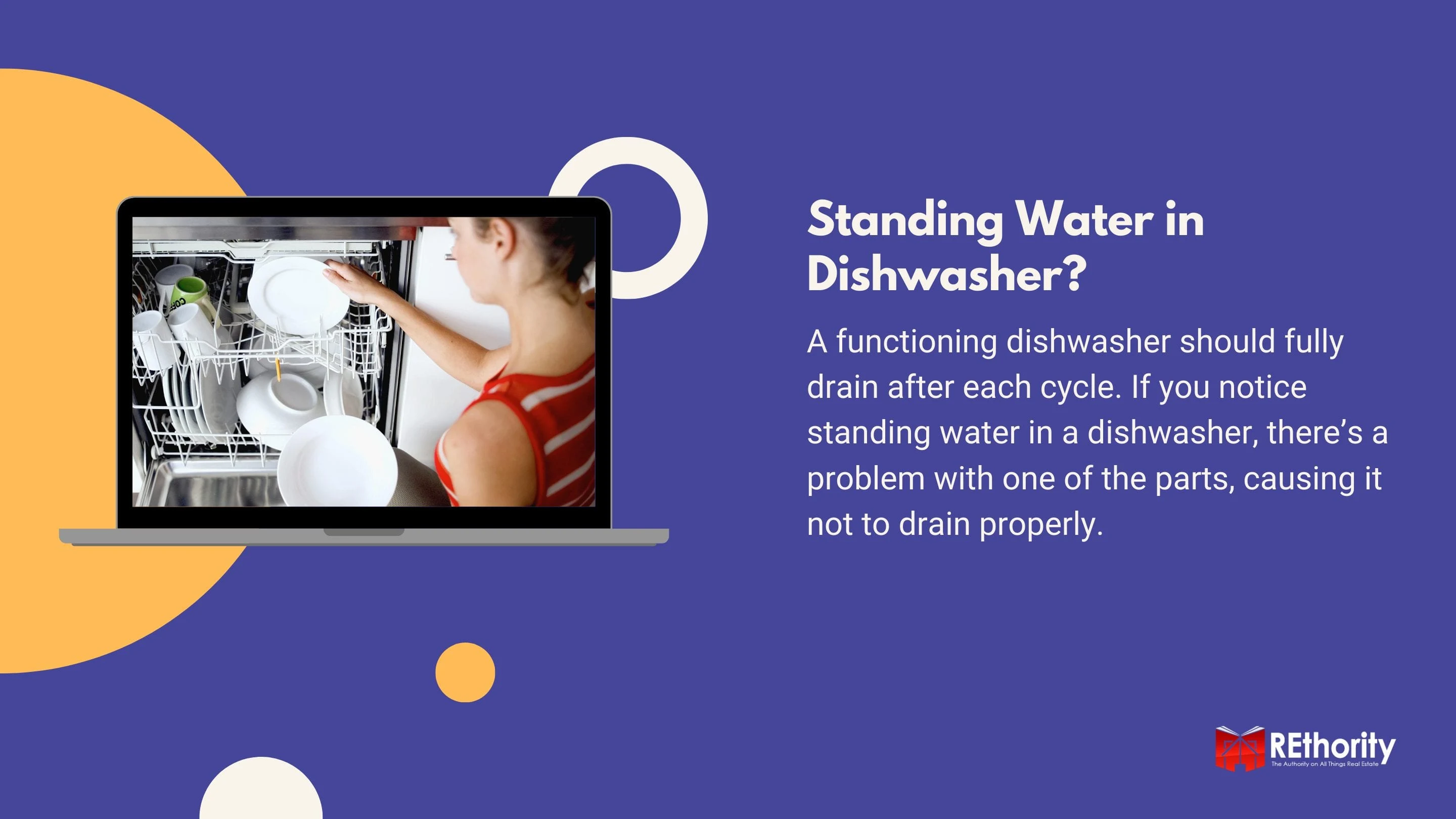 Standing water in dishwasher graphic illustrating the appliance's use and a few reasons for the problem