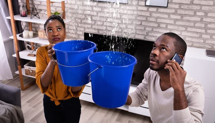 Couple Using Bucket For Collecting Water Leakage From Ceiling And Calling water damage repair expert On Cellphone