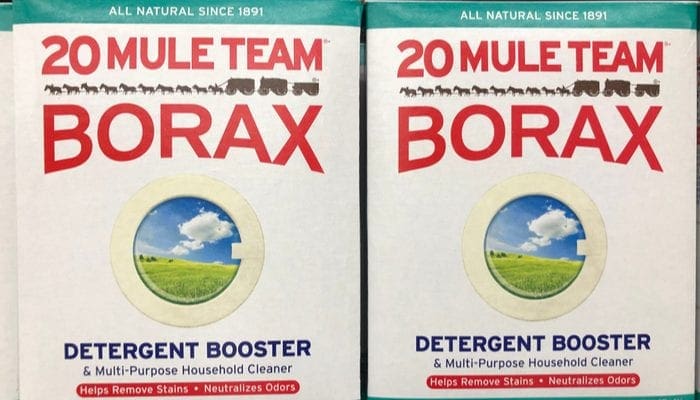Boxes of 20 Mule Team Borax detergent boost cleaning supplies on sale at a retail store shelf