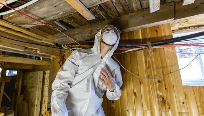 A close up view of a man at work in full PPE (personal protective equipment), used to protect from airborne mold spores (aspergillus) during a home assessment.