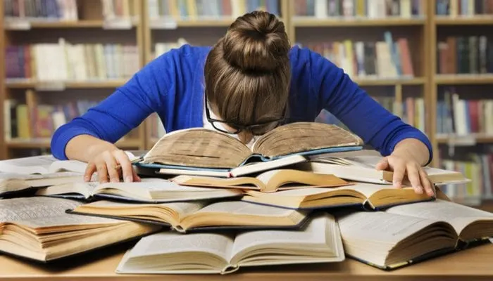 As an image for a piece on how long should you study for the real estate exam, Student Studying Hard Exam and Sleeping on Books, Tired Girl Read Difficult Book in Library