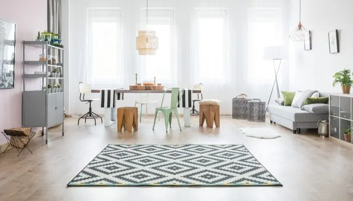Functional apartment with dining table, sofa and pattern rug
