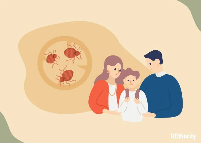 A happy family gathering around a bed bug graphic