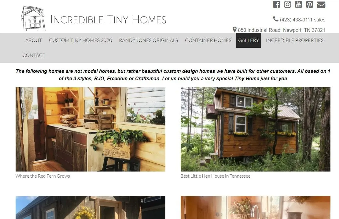 Incredible tiny homes models with a website header at top