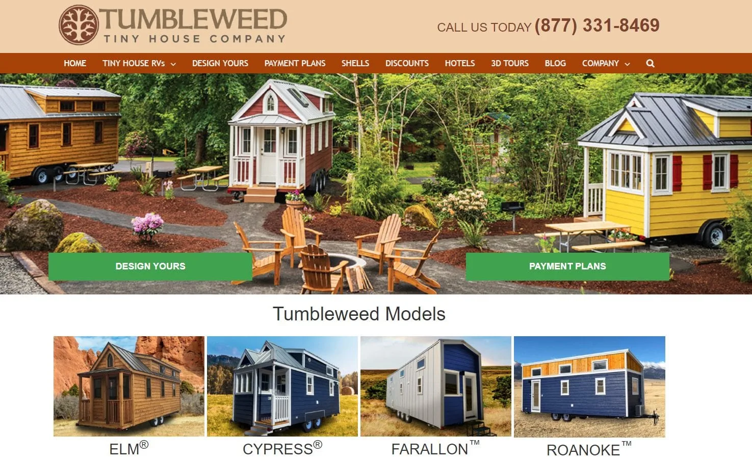 Tumbleweed tiny home website homepage featuring various models