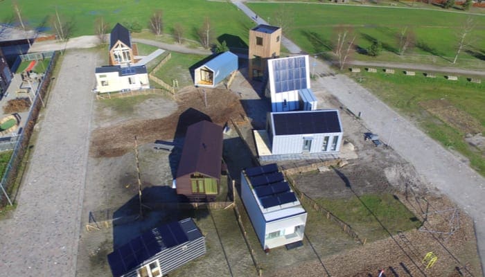 Aerial view on Tiny Houses in Almere, Netherlands