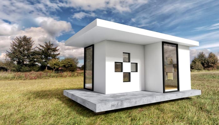 Modern White Tiny House Exterior with Landscape Background 3D Illustration