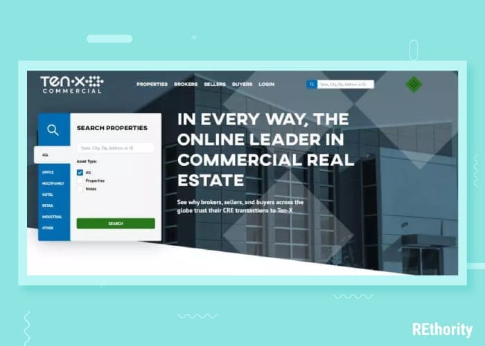 The Tenx commercial real estate platform home screen on a green graphical background