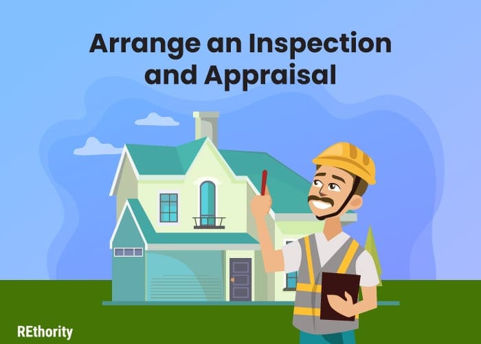 Arrange and Inspection and Appraisal displayed in graphic presentation showing a home inspector checking out a rental property