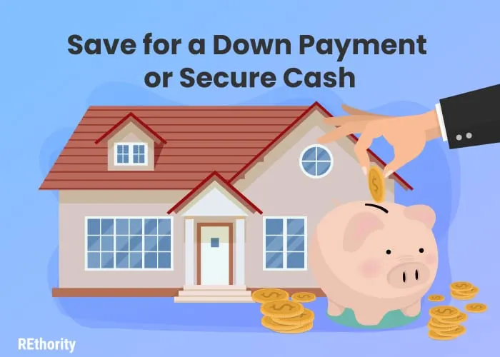 Image title Save for a Down Payment or Secure Cash and showing someone saving to buy rental property