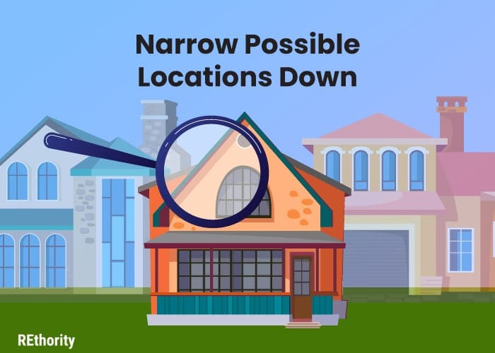 Image titled Narrow Possible Locations Down and showing a magnifying glass in front of a large home in graphical form
