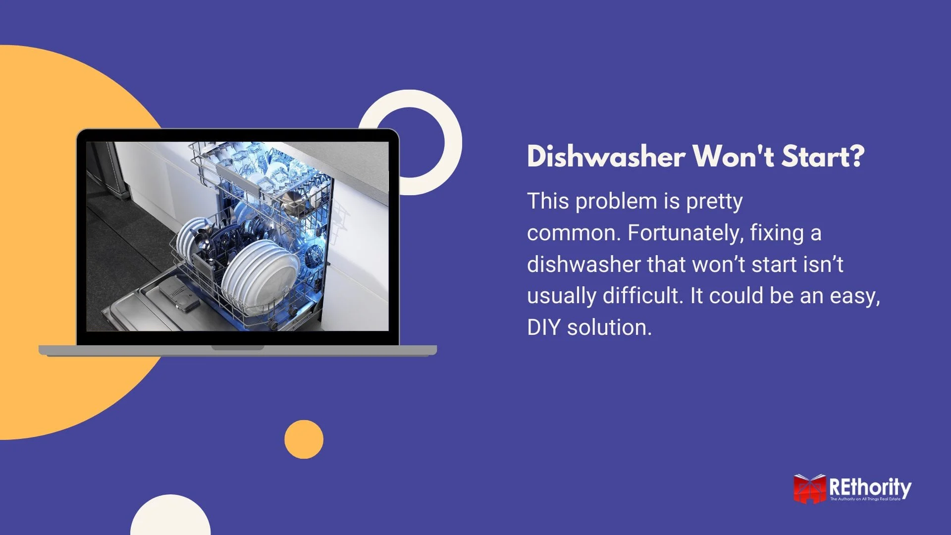 Dishwasher wont start graphic featuring a dishwasher on a screen and a brief blurb about what this article is about