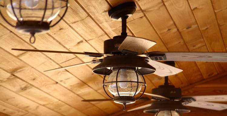 Ceiling fan in a wooden cabin as an image for a piece on best belt-driven ceiling fans