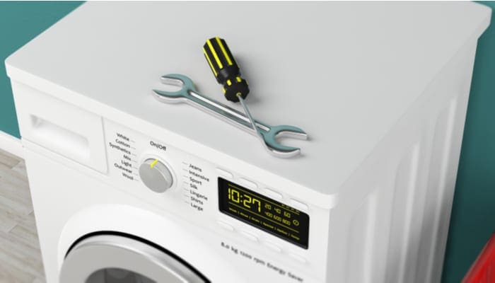 Home appliances service. Clothes washing machine and hand tools on green wall background. 3d illustration to fix a dryer squeaking