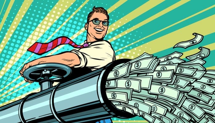 Businessman opens pipe, money Finance dollars flow. Pop art retro vector illustration kitsch vintage
